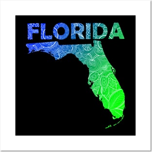 Colorful mandala art map of Florida with text in blue and green Posters and Art